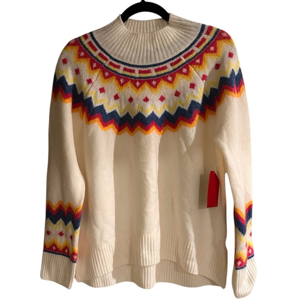 New! Vince Camuto Fair Isle Style Sweater, Cream, Pink, Blue, Yellow, size S